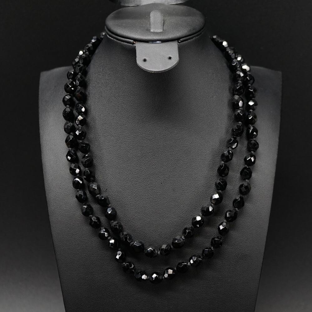 Vintage Black Faceted Beaded Strand Double Glass Bead Necklace Retro Layered‎